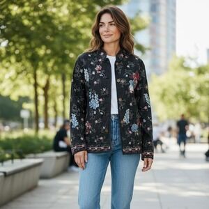Vintage Denim & Co Womens Black Floral Embroidered Denim Jacket Lined  Large‎